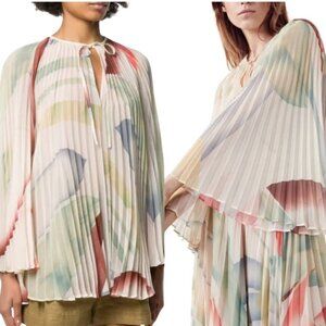 Etro Pleated Silk Blouse in Cream with Pastel Multicolor Print